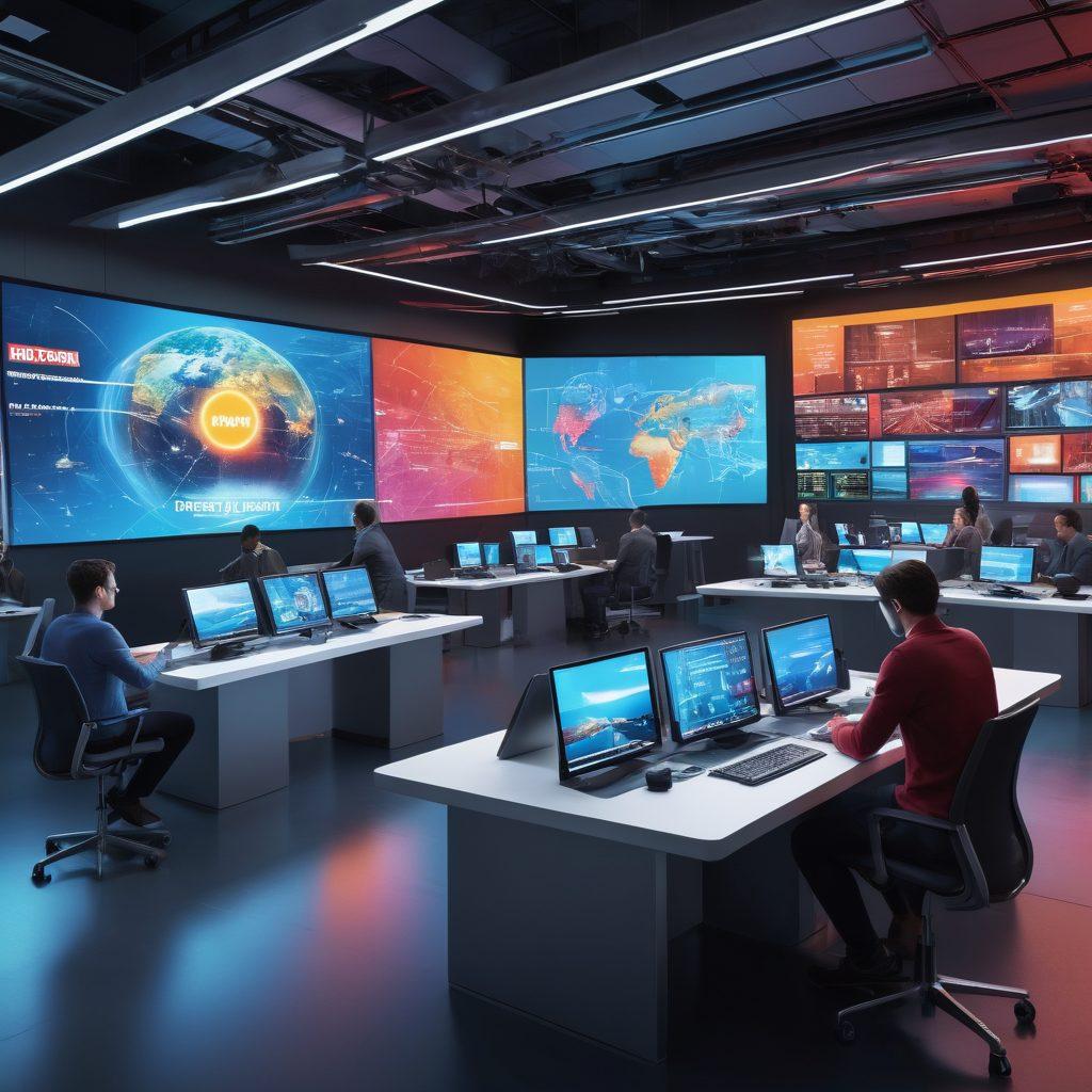 A futuristic newsroom with digital screens displaying global news trends, innovative journalists working with tablets and AR glasses, diverse individuals engaging in discussions, sleek design showcasing the blend of technology and journalism, bright and engaging colors to evoke a sense of excitement and dynamism. super-realistic. vibrant colors. 3D.