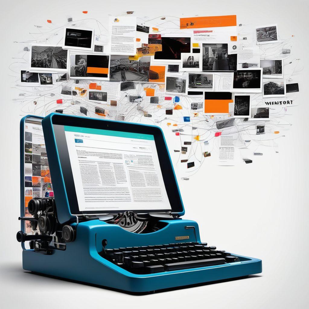 A dynamic collage illustrating the transition from traditional print journalism to vibrant online media. Include elements like a vintage typewriter transforming into a modern laptop, digital screens displaying diverse news articles, and a journalist capturing events live with a smartphone. Surround the scene with flowing lines that symbolize the rapid evolution of technology. super-realistic. vibrant colors. white background.