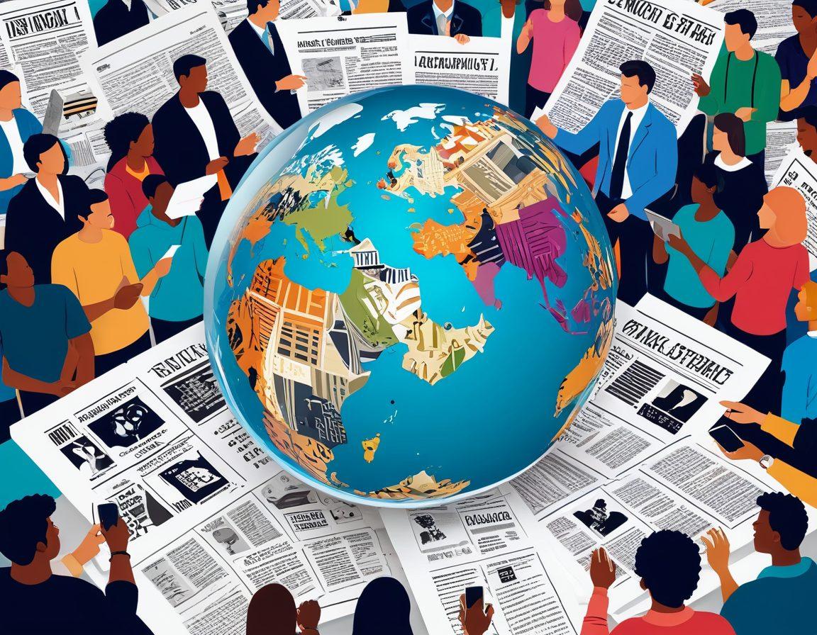 A compelling collage featuring a magnifying glass over a newspaper, and diverse people engaging with various media devices like phones and laptops, showcasing a vibrant city backdrop. Incorporate symbols of current events like a globe, protest signs, and social media icons to represent global stories. The color palette should be bright and engaging, encouraging curiosity and exploration. bold illustrations. vibrant colors. flat design.